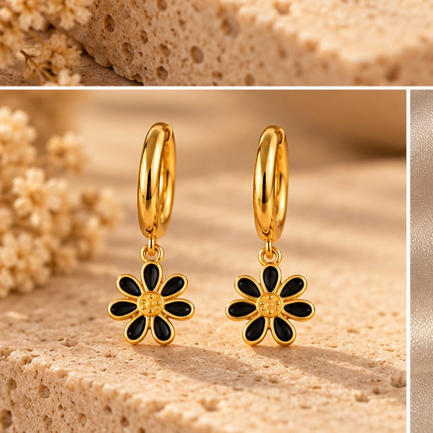 Pendientes Aro Flor Negra Dorados