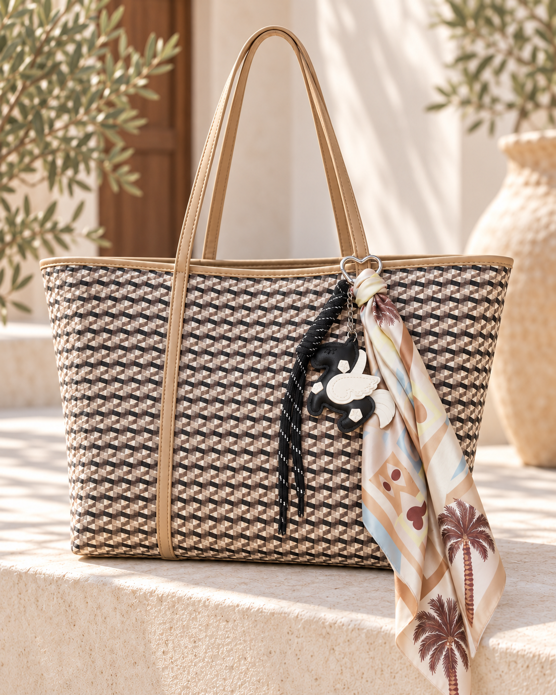 Bolso con charm de pegaso negro y blanco, cordón negro y pañuelo