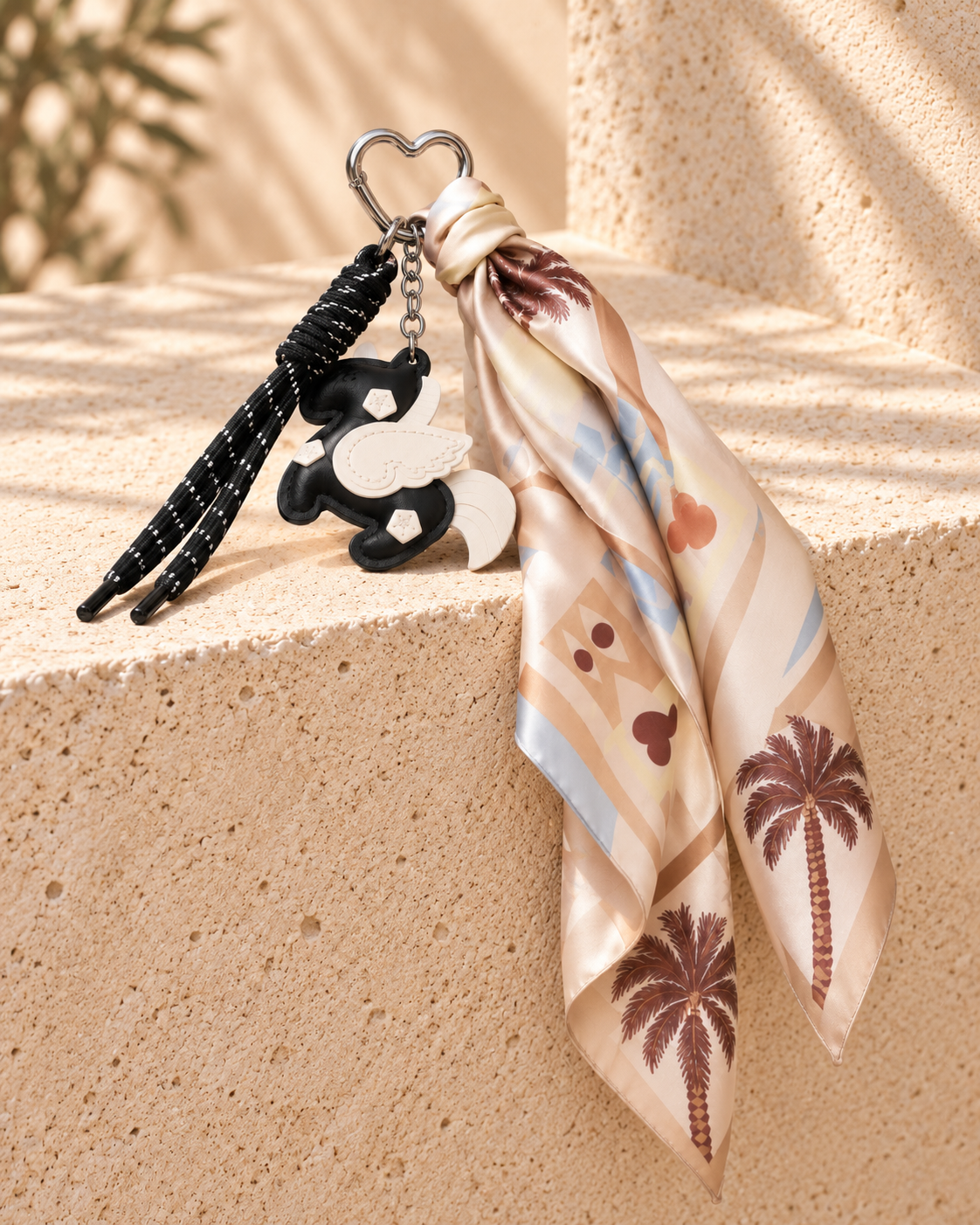 Charm para bolso de pegaso negro y blanco con cordón negro y pañuelo, apoyado sobre fondo mediterráneo