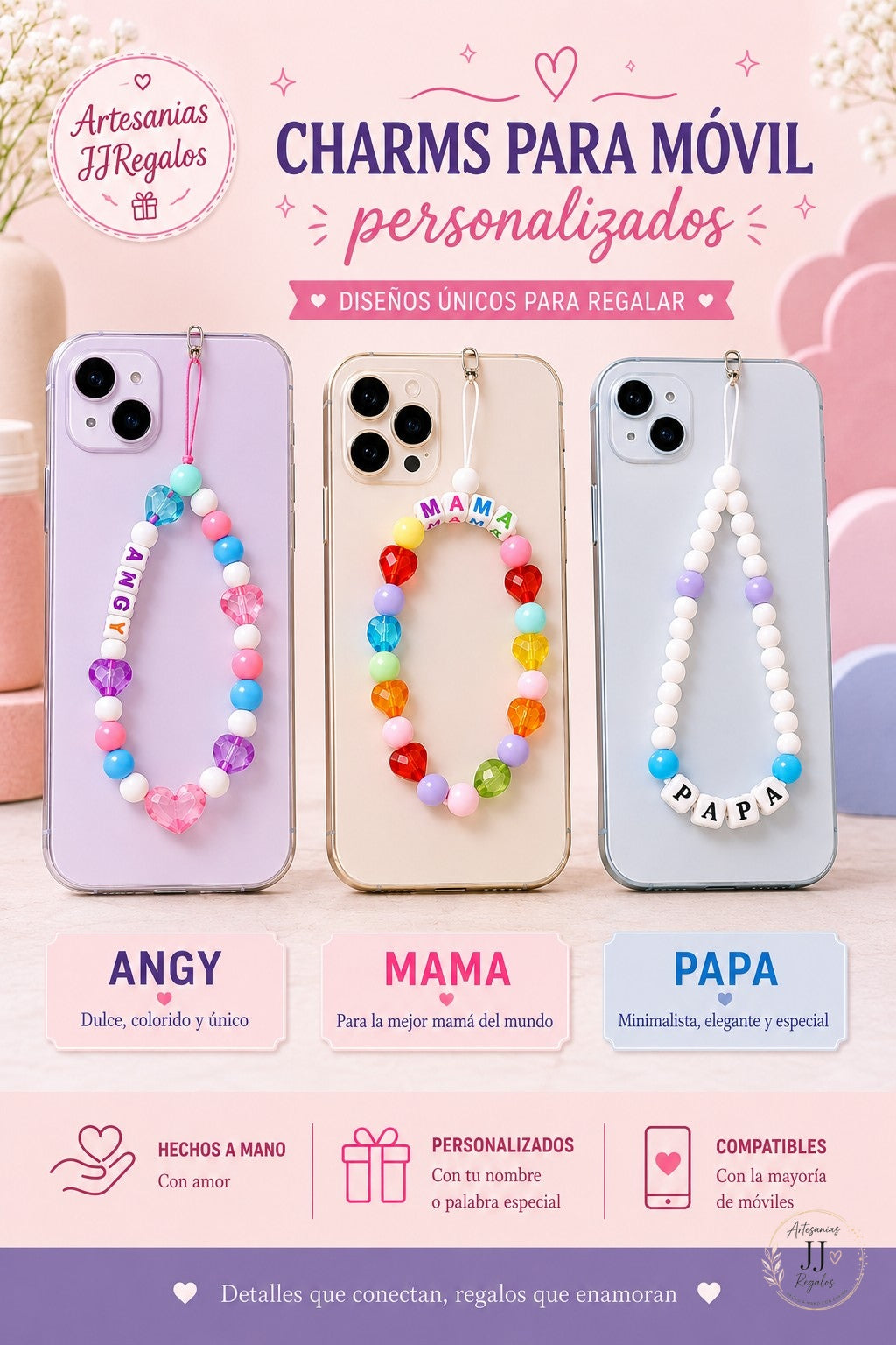 Charms personalizados para móvil con nombre, ejemplos ANGY, MAMÁ y PAPÁ