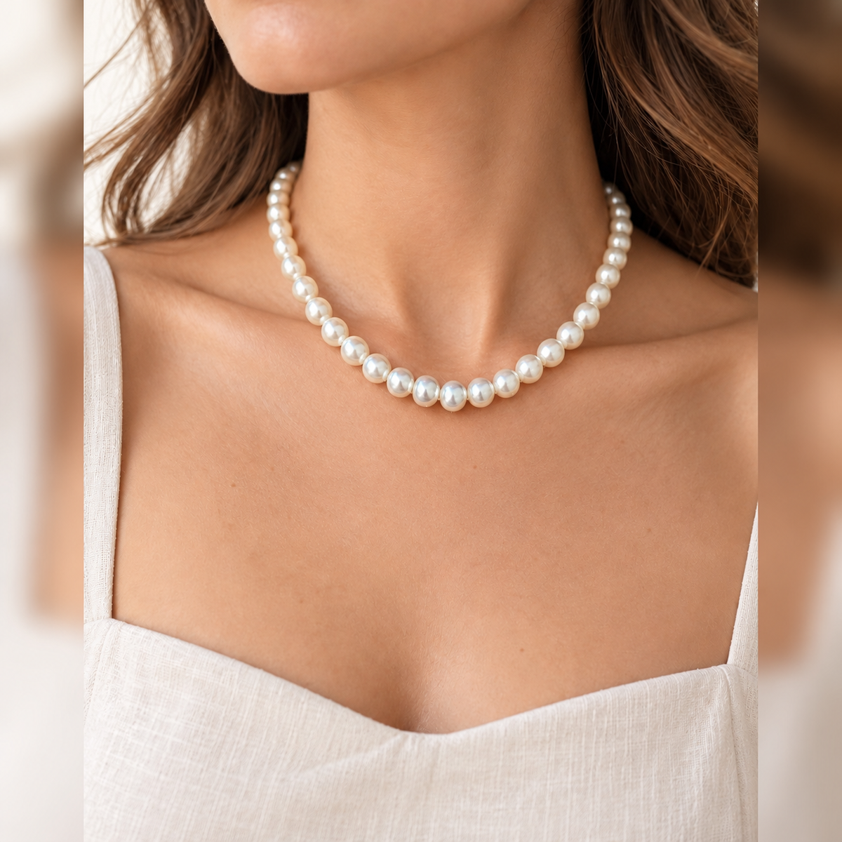 Collar efecto perla a la altura de la unión de las clavículas sobre modelo, foto cuadrada