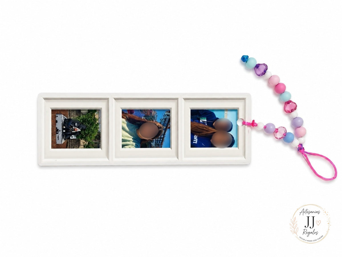 Marcapáginas personalizado con tres fotos plastificadas y charm artesanal de cuentas
