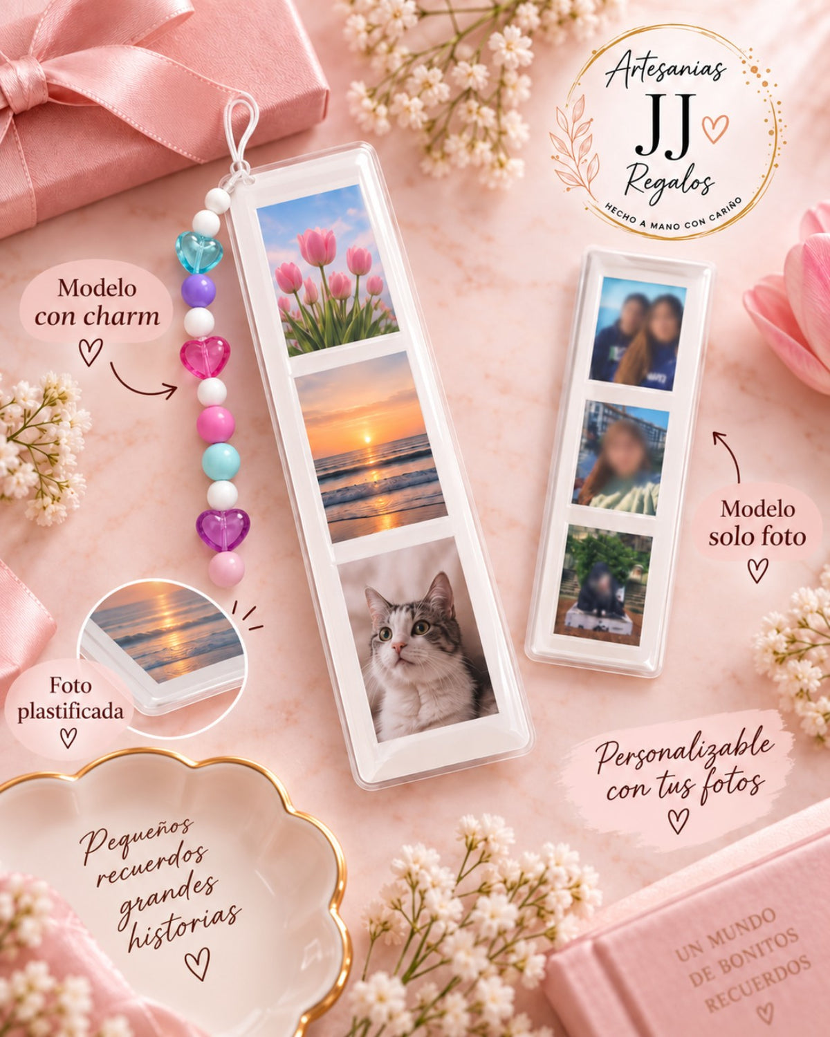 Marcapáginas personalizado con fotos, modelo con charm y modelo solo foto
