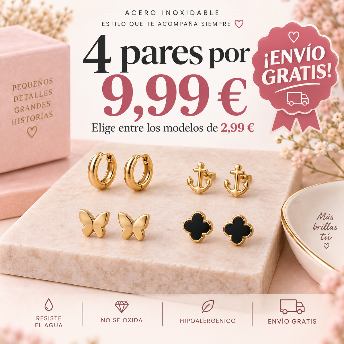 Oferta 4 pares de pendientes por 9,99 € con envío gratis