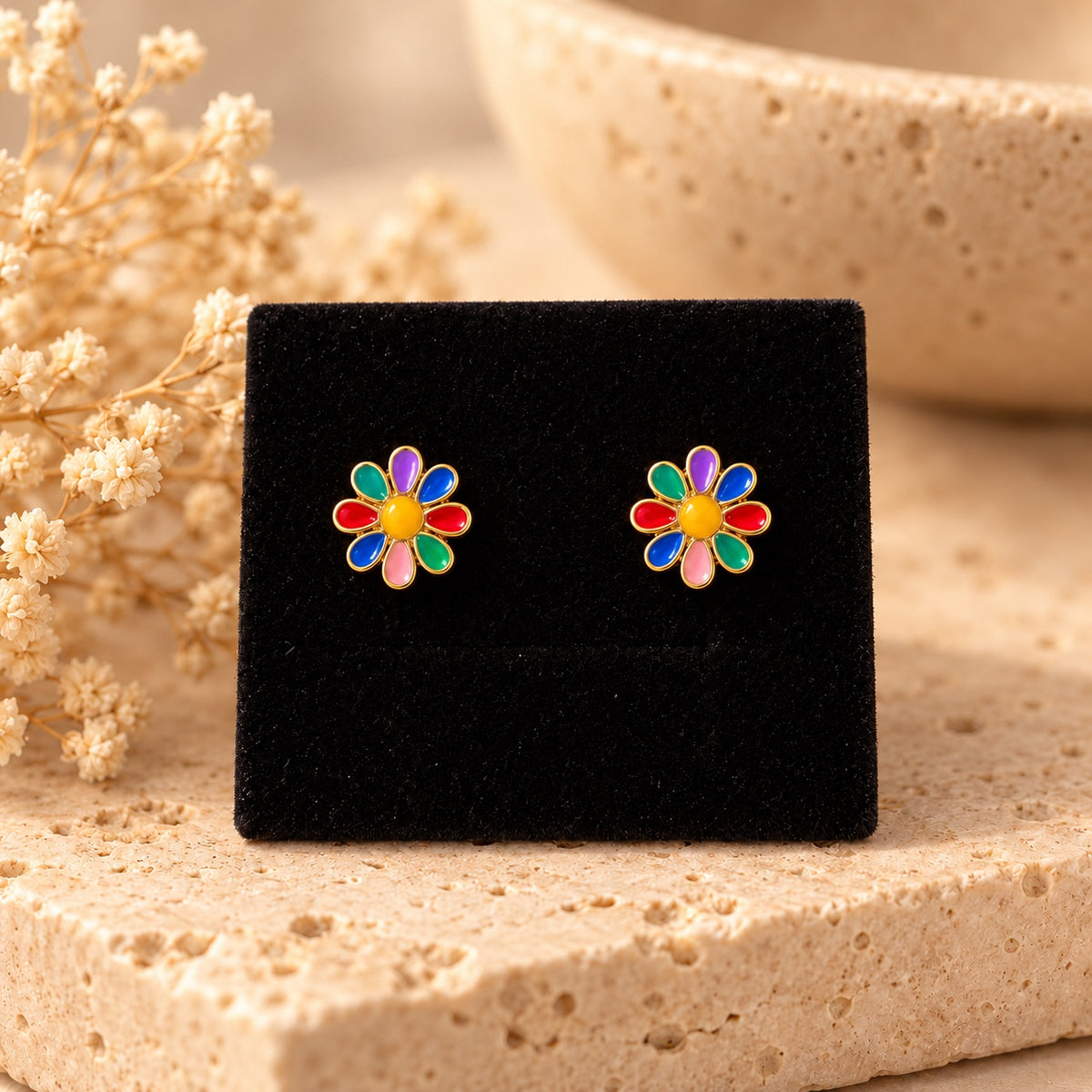 Par de pendientes flor multicolor dorados