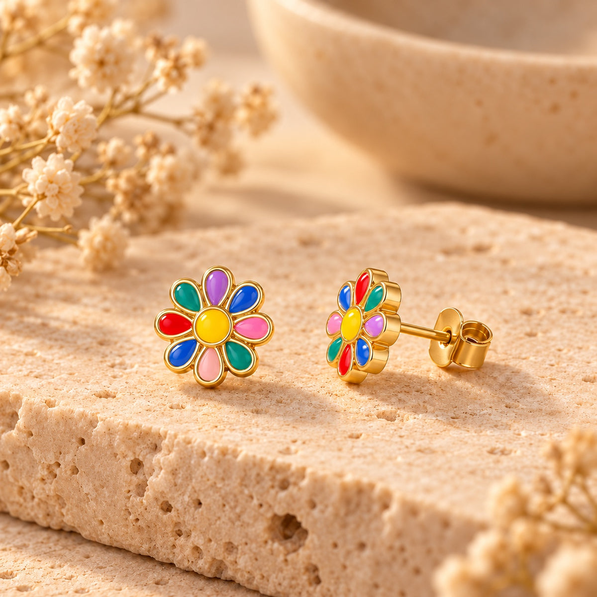 Pendientes flor multicolor dorados vista lateral