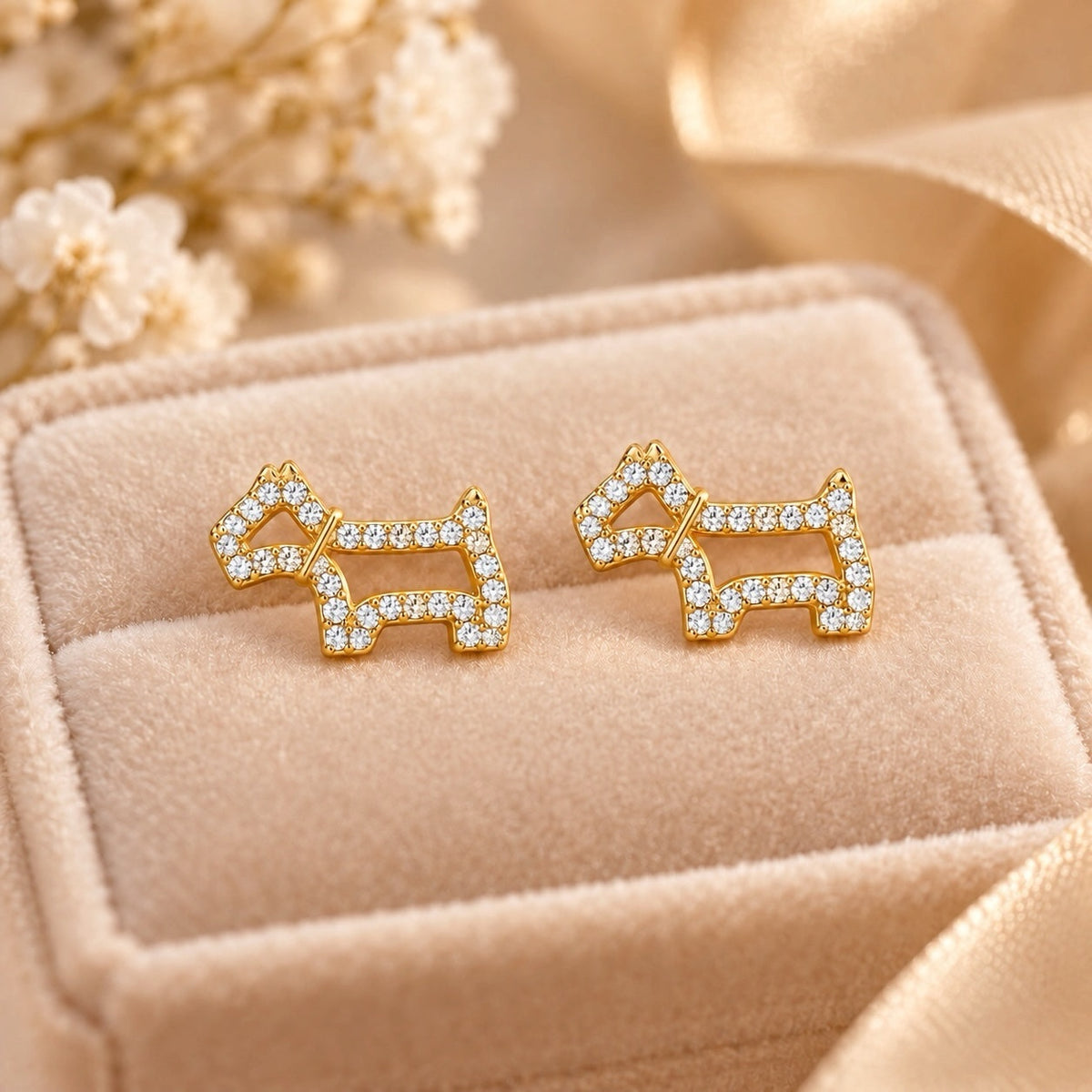 Par de pendientes de perrito dorado con brillantes