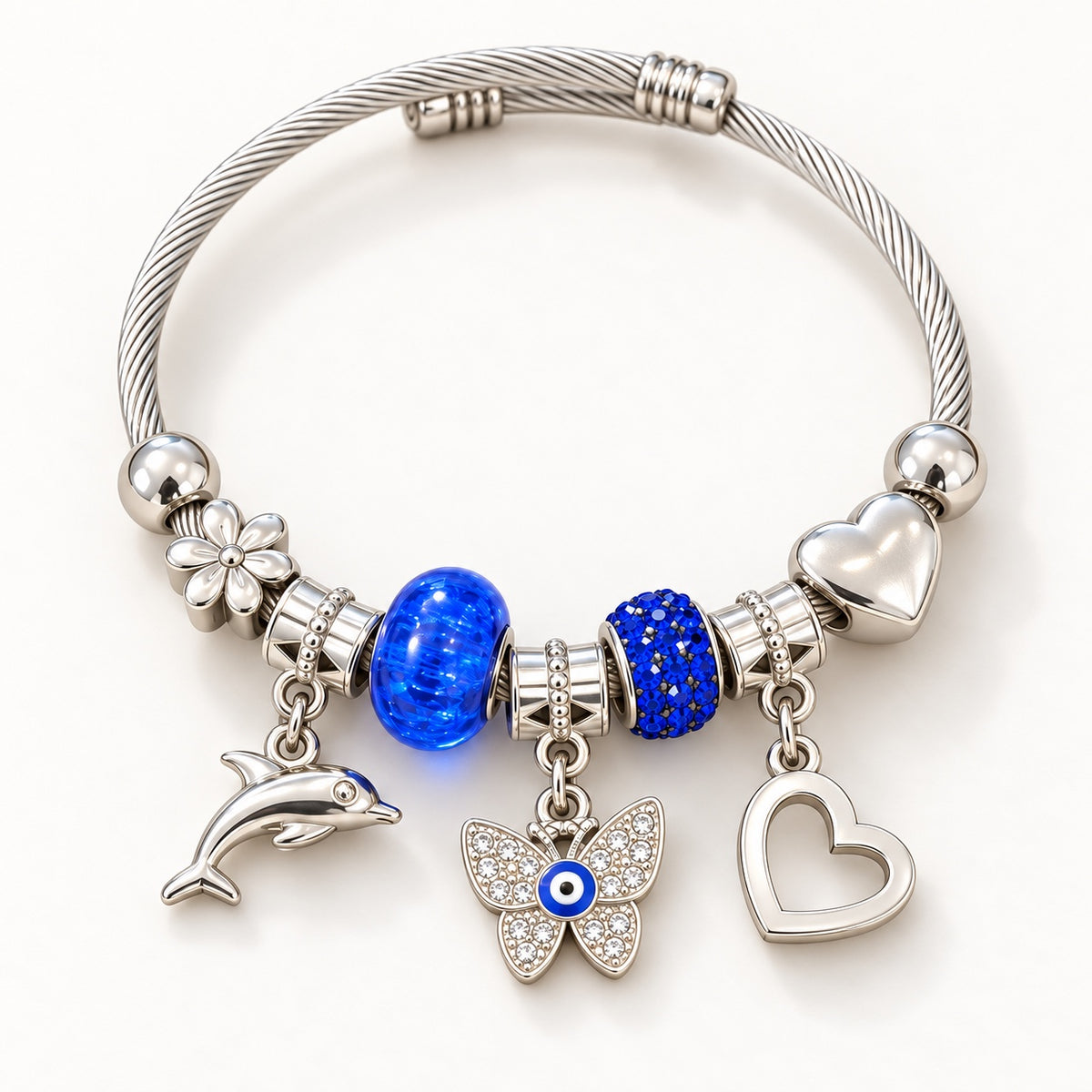 Pulsera plateada con cuentas azul intenso