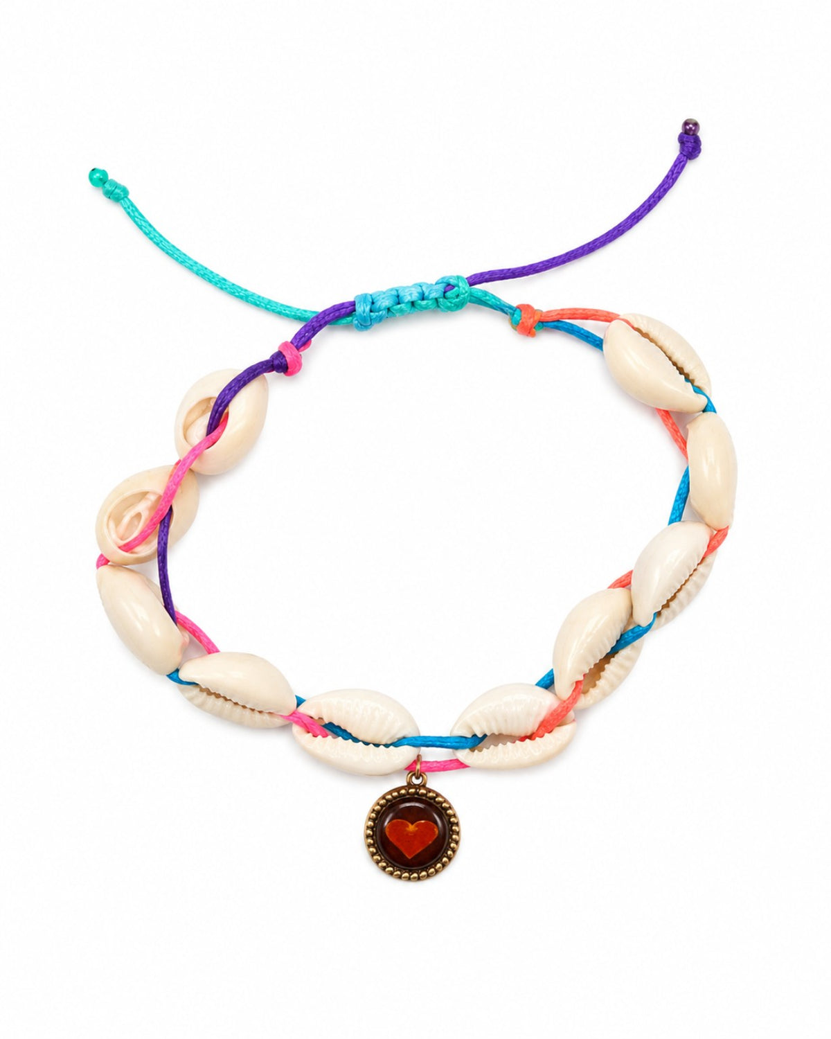 Pulsera artesanal de conchas con cordones de colores y medalla personalizable con imagen