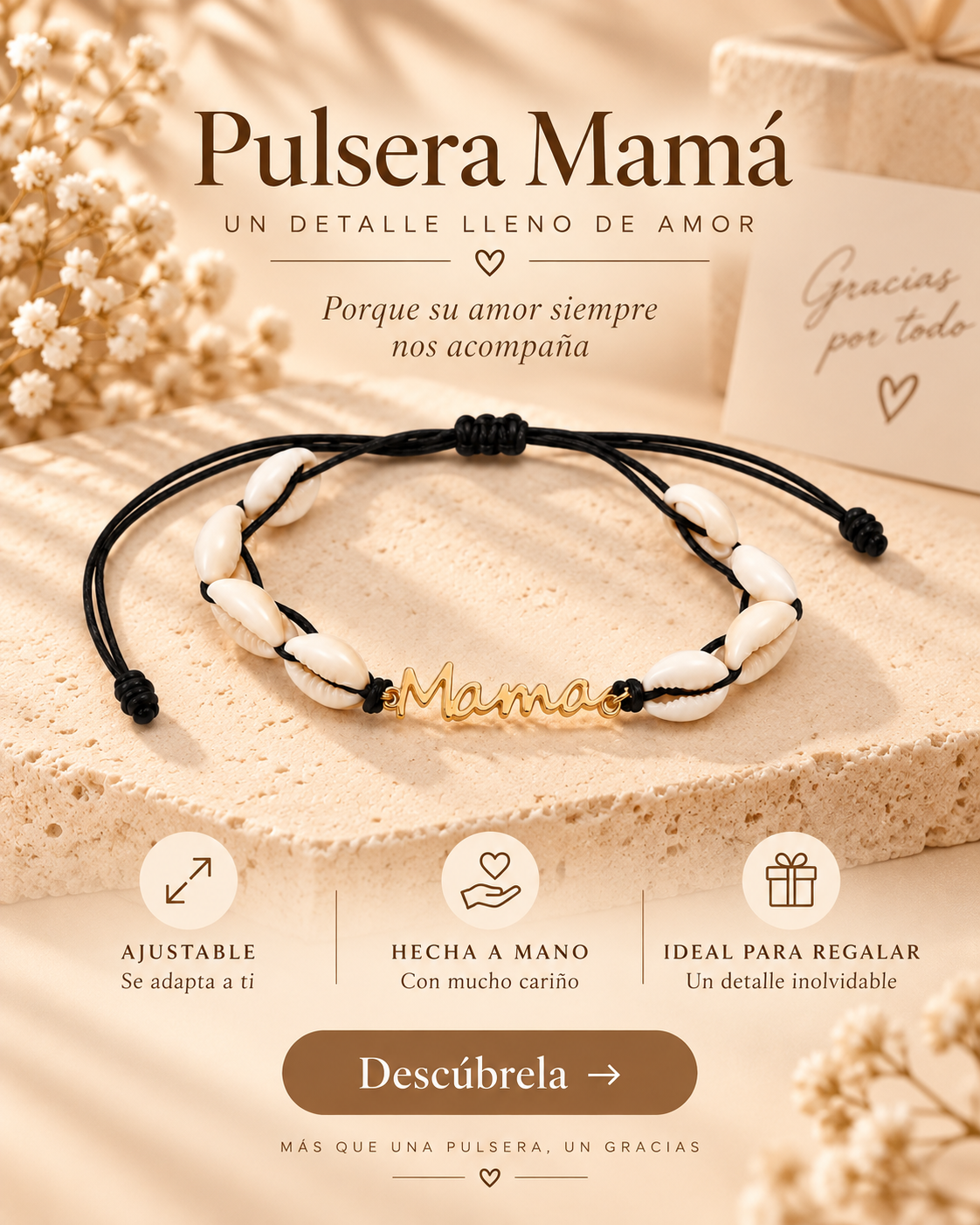 Pulsera Mamá ajustable hecha a mano e ideal para regalar