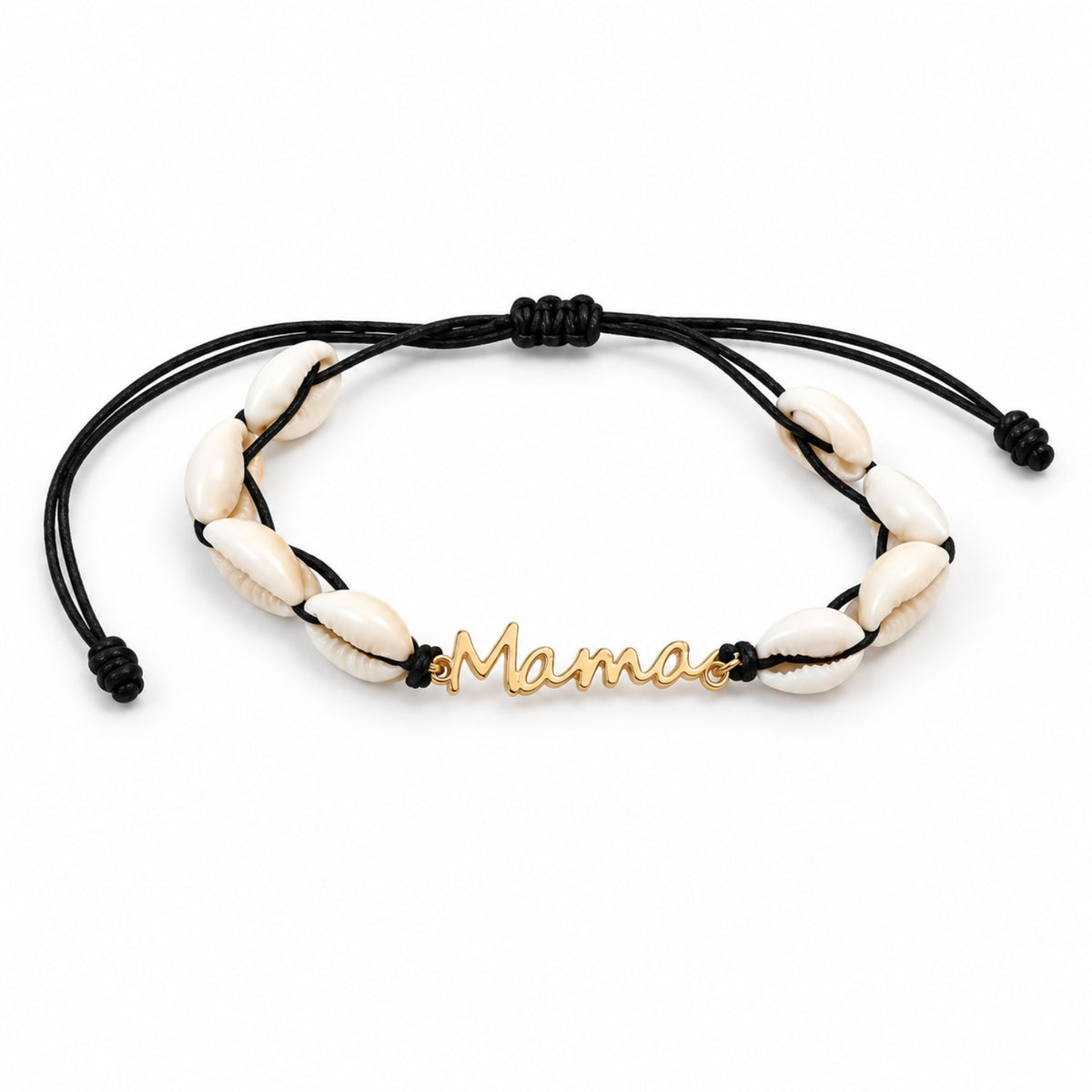 Pulsera Mamá con conchas blancas, cordón negro ajustable y dije dorado sobre fondo blanco