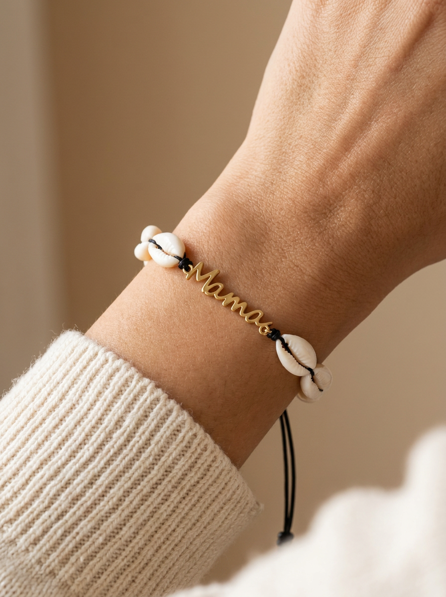 Modelo llevando pulsera Mamá de conchas blancas con dije dorado
