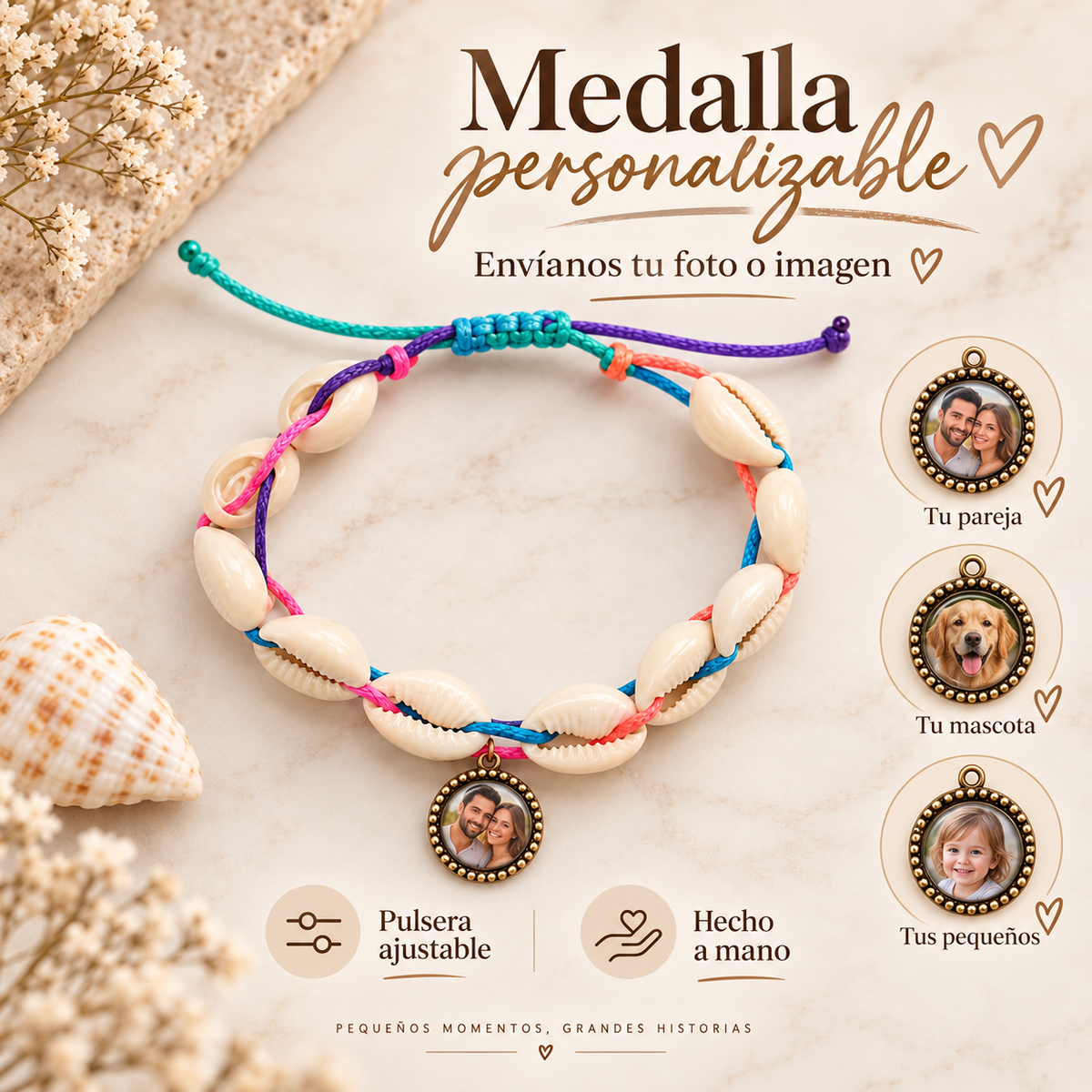 Pulsera de conchas con medalla personalizable y ejemplos de fotos para la medalla