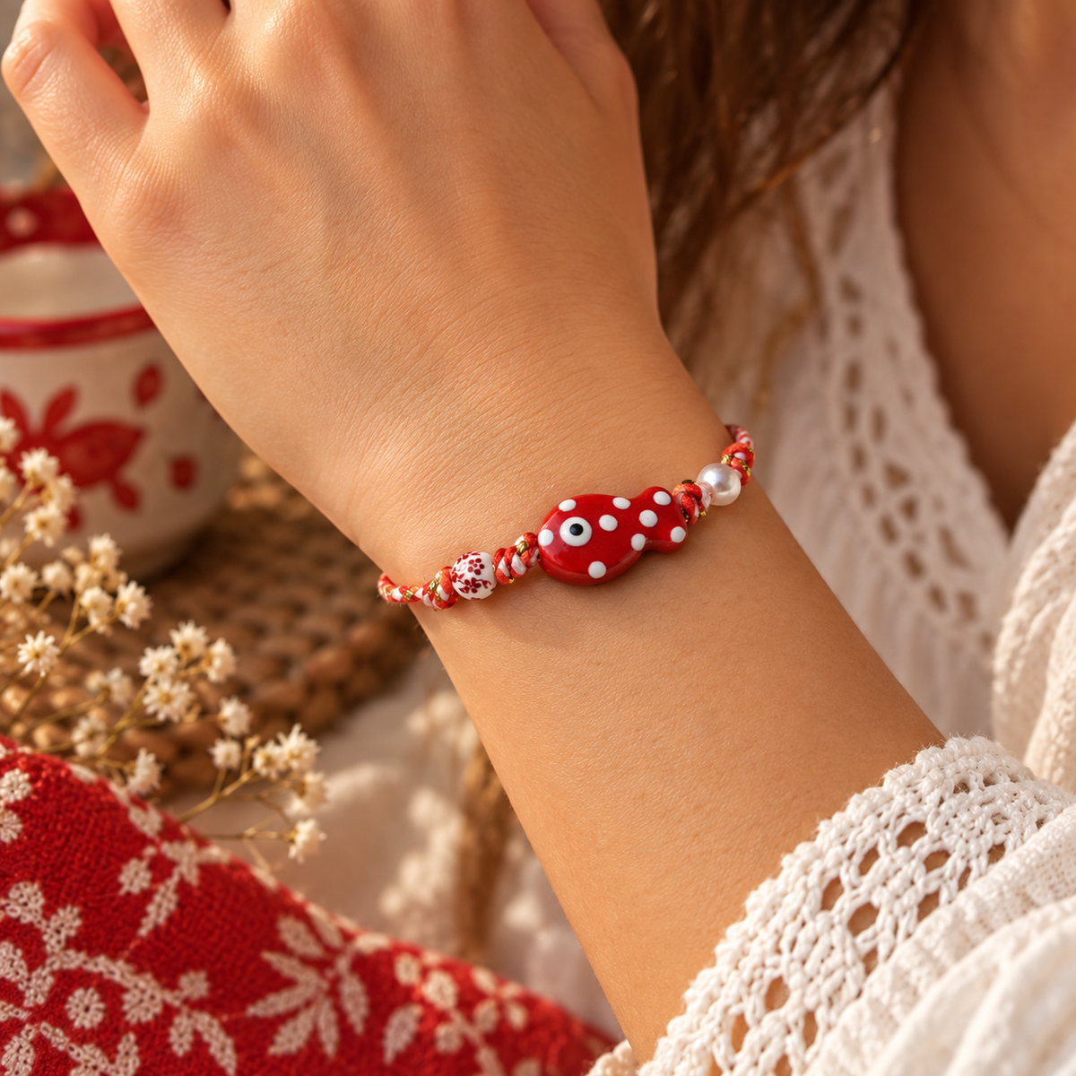 Modelo llevando pulsera artesanal de pez rojo