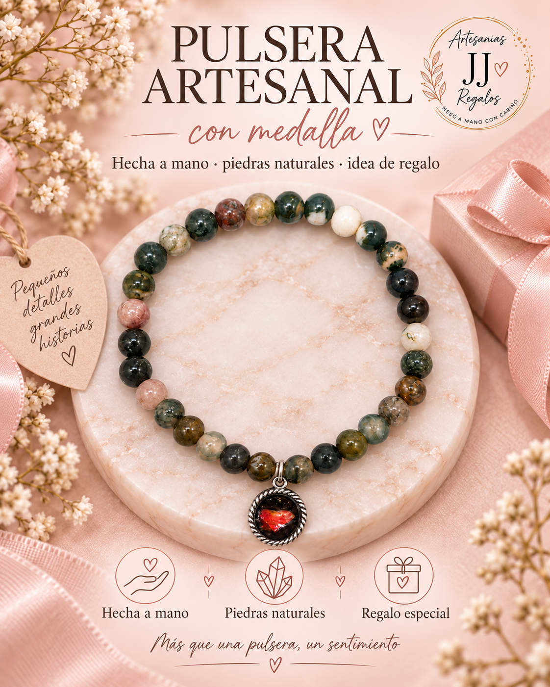 Pulsera artesanal de piedras naturales con medalla personalizada con foto